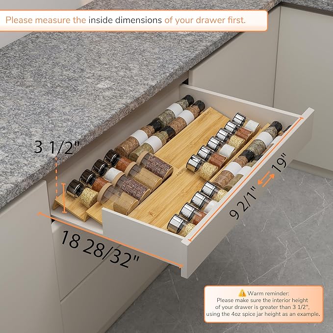 AMBIRD Bamboo Spice Drawer Organizer with Non-slip Mat,4 Tier - 2 Set Jar Spice Rack Tray From 9.5''to 19'', Seasoning Organizer for Kitchen,Cabinet,Drawers,Countertop-NeatNest