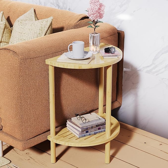 End Table, Half Moon Side Tables, Living Room Half Round 2 Tier Table for Small Space, Living Room Bedroom Couch Tables with Storage Shelf (Natural)