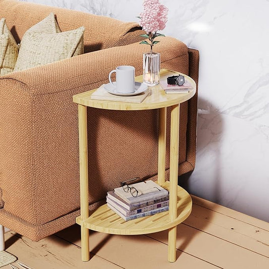 End Table, Half Moon Side Tables, Living Room Half Round 2 Tier Table for Small Space, Living Room Bedroom Couch Tables with Storage Shelf (Natural)