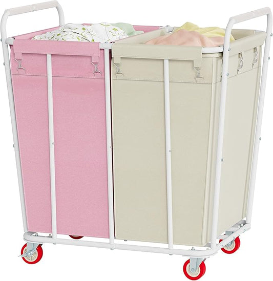 Hoctieon 2 Section Laundry Sorter Cart, 400L Rolling Hamper with Wheels, Industrial Laundry Basket Organizer, Extra Large Dirty Clothes Hamper for Home & Hotel, Heavy Duty, Pink+Beige-NeatNest