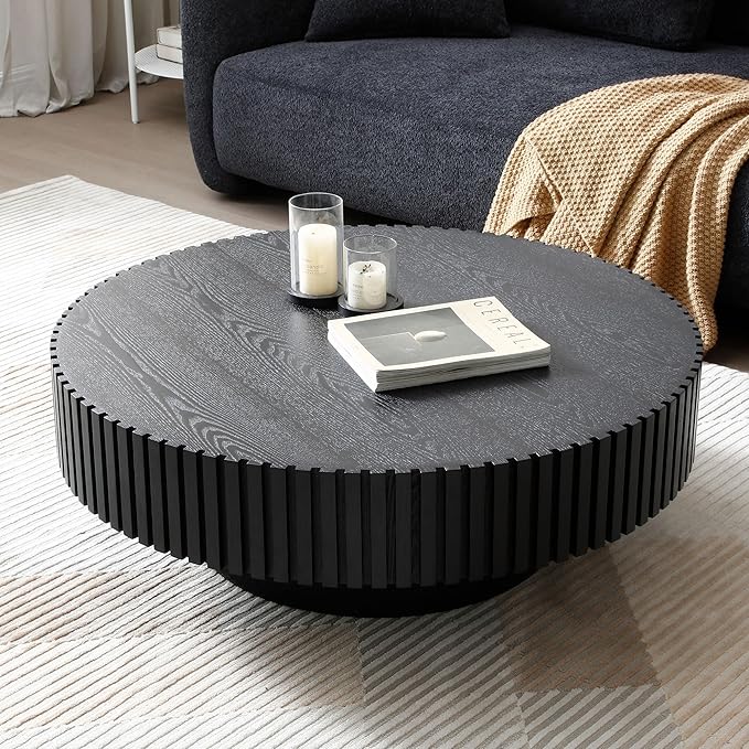 KEVINSPACE Black Round Coffee Table for Living Room Wood CoffeeTableRound Wood CoffeeTabl CircleCoffeeTable Modern Farmhouse Center TableCoffee Table Home Furniture 39.37"