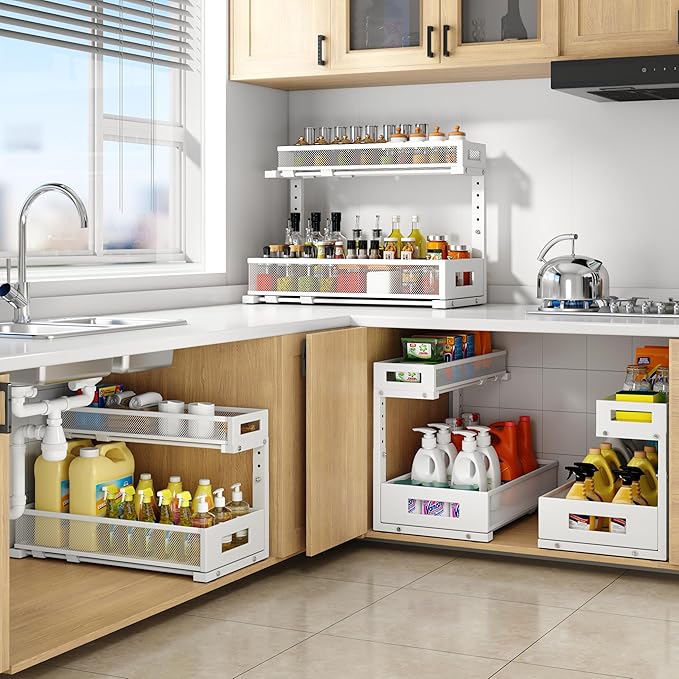 1 Pack 19IN Depth Under Sink Storage Organizer, Large 2-Tier Elegant Mesh Pull Out Shelf for Kitchen and Bathroom Cabinet Organization, L-Shaped and Adjustable Height Design-White-NeatNest