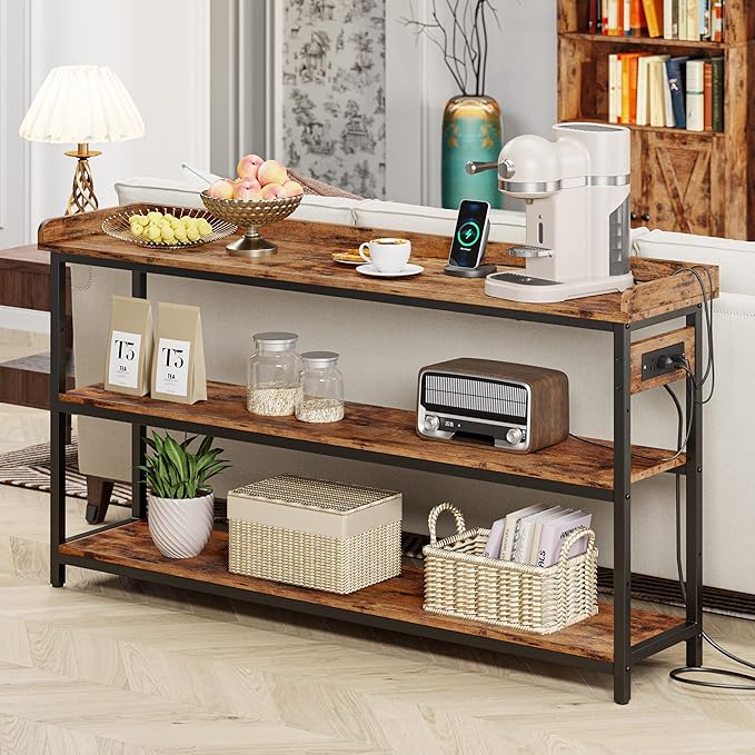 IRONCK Console Table, Sofa Table with Power Outlet, Farmhouse Hallway Table for Entryway, Living Room, Height Adjustable, Easy Assembly, Rustic Brown,55"-NeatNest
