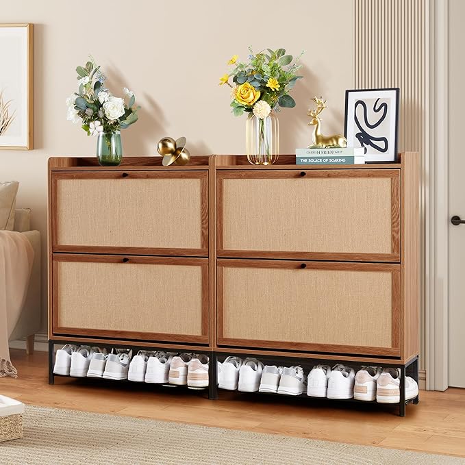 LEVNARY Shoe Cabinet Set of 2, Wooden Narrow Shoe Racks Cabinet Storage with 2 Flip Drawers, Hidden Freestanding Shoe Organizer for Hallway, Entryway, Home (2, Walnut)-NeatNest