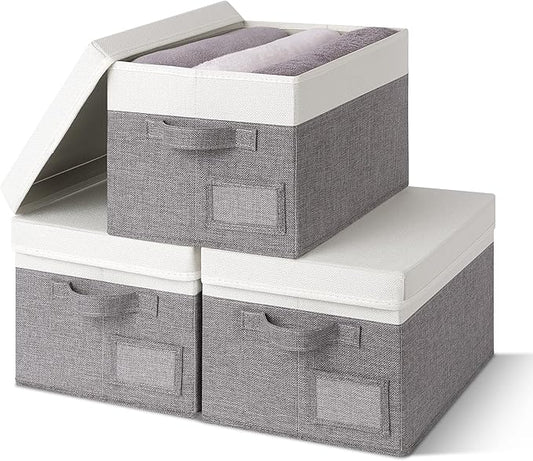 GRANNY SAYS Storage Bins with Lids, Storage Box, Collapsibe Storage Bins, Clothes Organizers and Storage, Storage Bins for Shelves, Decorative Storage Boxes with Lids, 3-Pack, Gray&Ivory-NeatNest