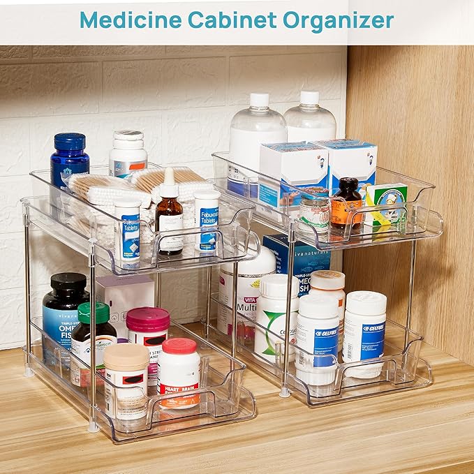 Vtopmart 4 Pack 2 Tier Bathroom Under Sink Organizers and Storage, Clear Kitchen Pantry Organization, Pull Out Medicine Cabinet Organizer with Movable Dividers-NeatNest