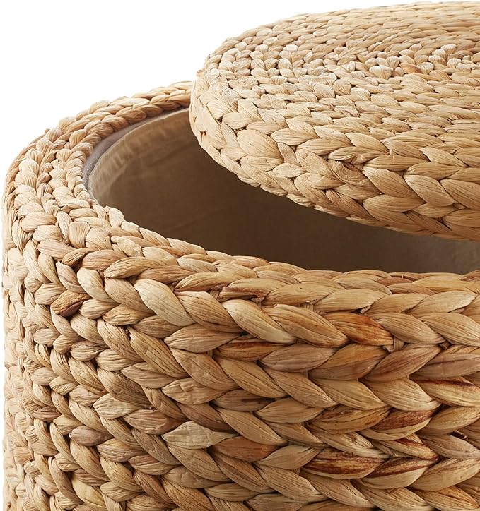 Casafield 17" Round Storage Ottoman with Lid - Natural, Handwoven Water Hyacinth Footstool for Living Room, Bedroom, Bathroom, Home Office-NeatNest