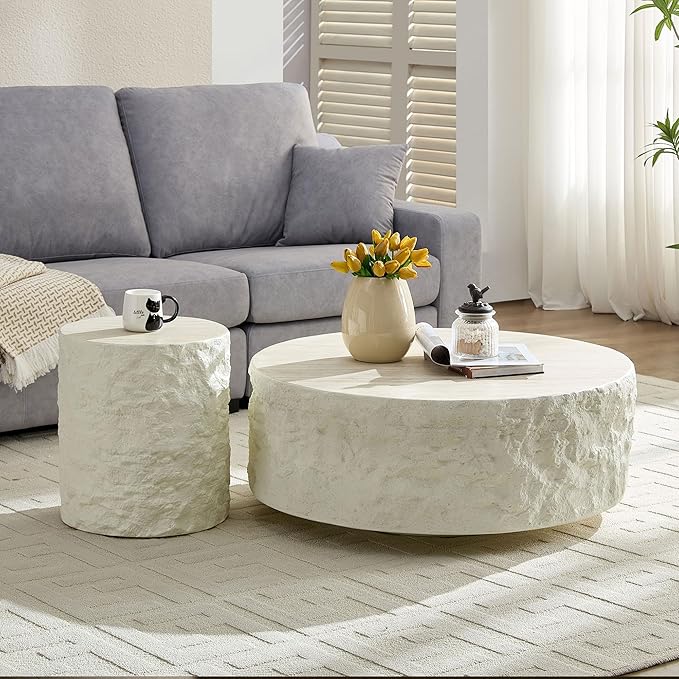 kevinplus Round Side Table End Table for Living Room, Modern Contemporary Faux Stone Style Fiberglass Material, No Assembly (Beige, ø15.7'' x 17.7'')