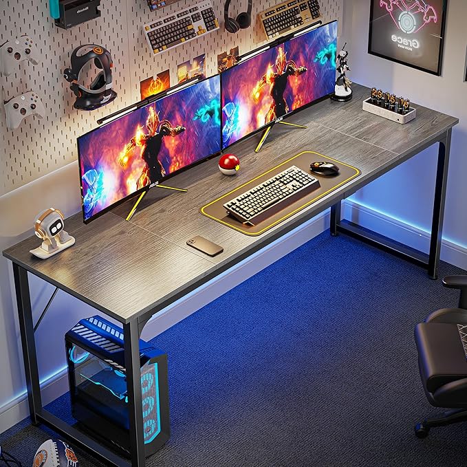 Huuger Computer Desk, 70 Inch Office Desk, Gaming Desk with Storage, Writing Desk Work Desk for Home Office, Study, Long Simple Desk, Large Legroom, Metal Frame, Grey-NeatNest