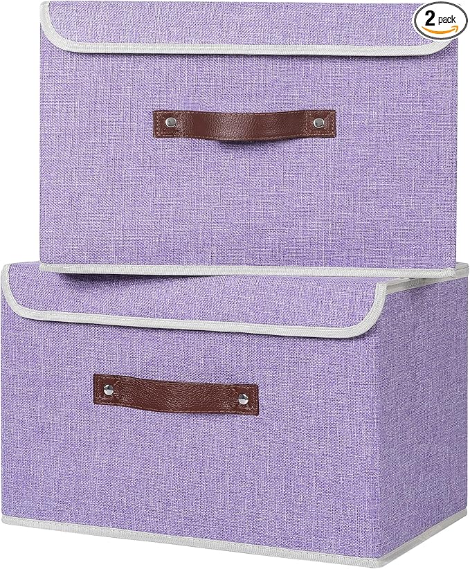 ANMINY 2PCS Storage Bins with Lid PU Leather Handles Storage Boxes PP Plastic Board Decorative Foldable Lidded Cotton Linen Fabric Home Cubes Baskets Closet Organizer Containers - Purple, Large Size-NeatNest