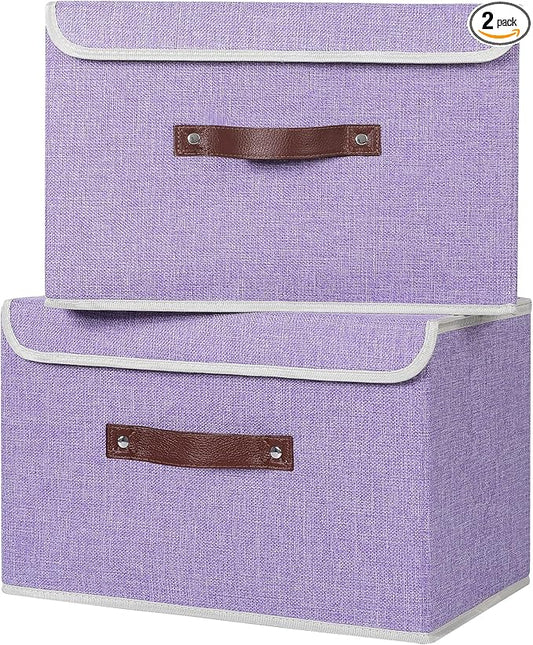 ANMINY 2PCS Storage Bins with Lid PU Leather Handles Storage Boxes PP Plastic Board Decorative Foldable Lidded Cotton Linen Fabric Home Cubes Baskets Closet Organizer Containers - Purple, Large Size-NeatNest