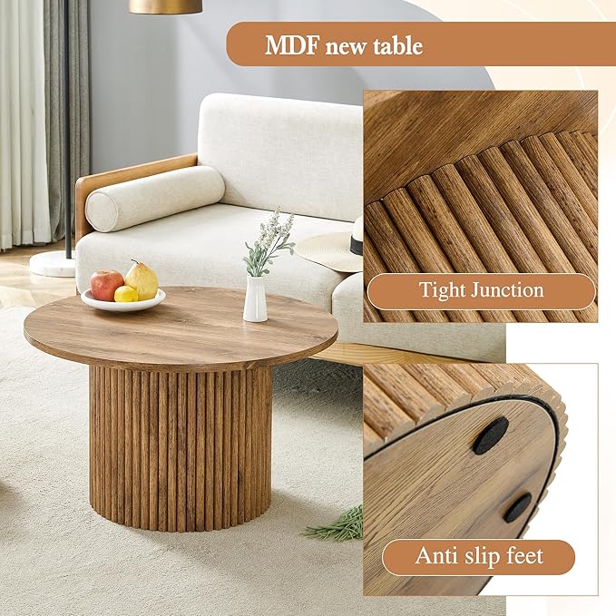 27.5" Modern Round Coffee Table with Storage, for Living Room, Circle Wood Accent Center Table for Apartment, Oak