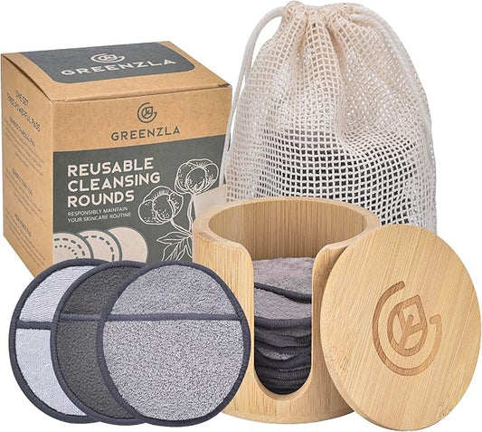 Greenzla Reusable Makeup Remover Pads Premium Set, 12 Pack Microfiber Cotton Pads, Charcoal Cotton Rounds, Bamboo Terry Face Wipes for All Skin Types with Mesh Laundry Bag and Bamboo Storage-NeatNest