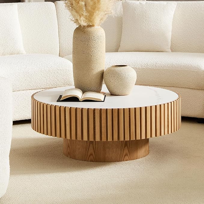 Coffee Table Stone Round 35.43'' for Living Room Modern Coffee Tables Wood Circle Drum Tea Fluted Solid Wooden Veneer Sintered Tabletop Handcraft Home Furniture for Apartment Easy Assembly Oak-NeatNest