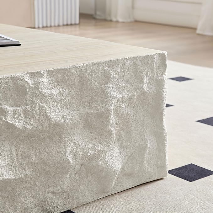 kevinplus ø35.43'' Square Coffee Table for Living Room, Modern Drum Circle Stone Coffee Table, Fiberglass Material, No Assembly, Beige