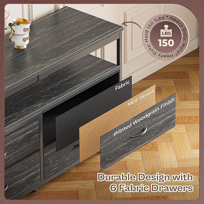 Huuger 63 Inch TV Stand for 55, 65, 70 Inch TV, Long Dresser TV Stand for Bedroom, Charcoal Black LED TV Stand with Power Outlets, Fabric Dresser with Storage, Entertainment Center for Living Room-NeatNest