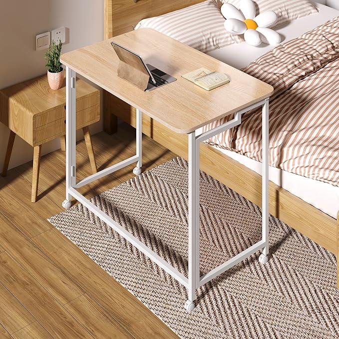 4NM 27.5" Mobile Small Rolling Computer Desk, Folding Laptop Cart Table with Wheels, Portable Office Desk for Small Space Couch Bed - Natural and White