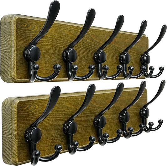 Dseap Coat Rack Wall Mount - Heavy-Duty Robust Barnwood-Style Wooden Wall Coat Hanger Hook Rail with 5 Triple Hooks for Winter Coats Hat Jacket Clothing, Weathered Green & Black, Pack of 2