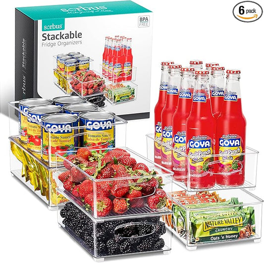 Sorbus Stackable Refrigerator Organizer Bins - Clear Storage Bins for Kitchen Pantry, Freezer & Fridge Organization - Food Organizing Plastic Containers with Handles for Countertops & Drawers (6 Pack)-NeatNest