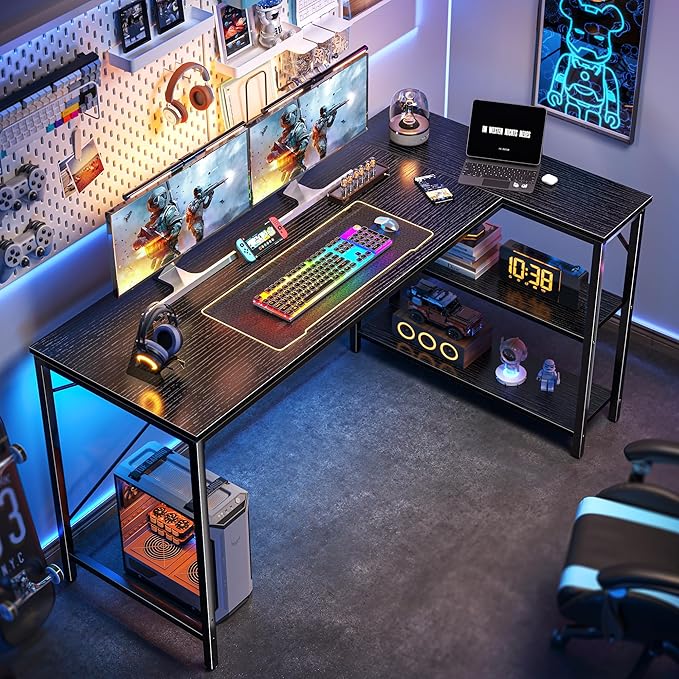 Huuger L Shaped Desk, 55 Inches Computer Desk with Reversible Storage Shelves, for Gaming Corner Home Office Writing Study, Metal Frame, Black-NeatNest