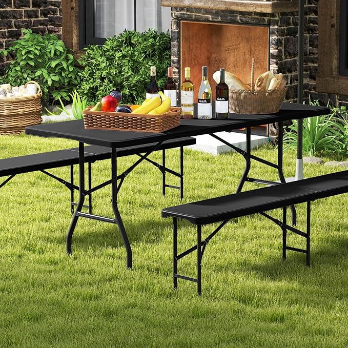 Goplus 6ft Plastic Folding Table, 350 LBS Outdoor Heavy Duty Folding Tables with HDPE Tabletop, Handle, Lock, Foldable Rectangle Portable Utility Card Table for Picnic, Party, Camping, Dining-NeatNest