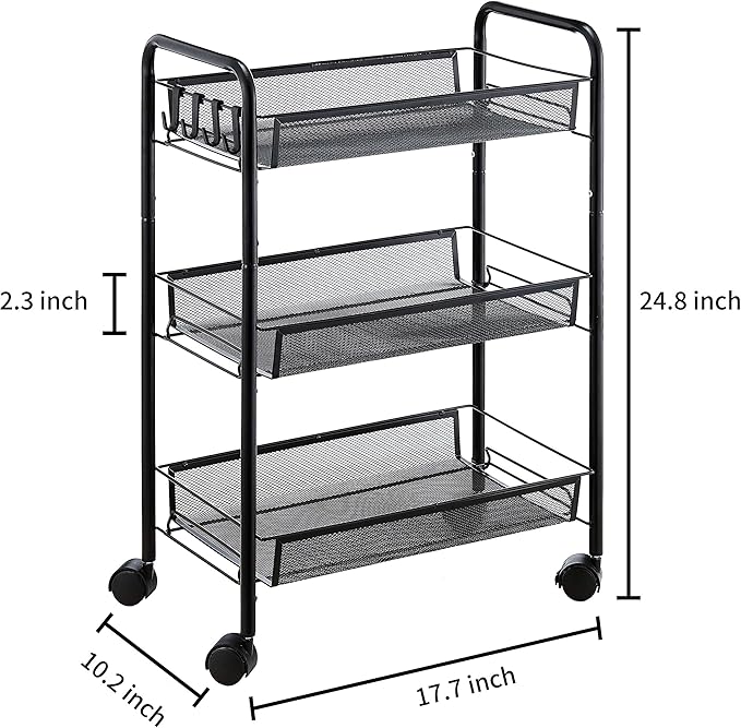JANE EYRE 3-Tier Rolling Utility Storage Rack Cart on Wheels, Trolley Craft cart, Multi-Purpose Organizer Shelf, Black-NeatNest