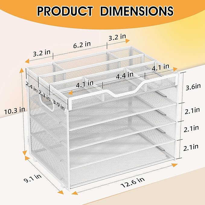 5 Tier Paper Letter Tray with 3 Drop-in Pen Holders, Mesh Desk File Organizer with Handle, Desk Organizers and Accessories for School,Home, Office Supplies Storage-White-NeatNest