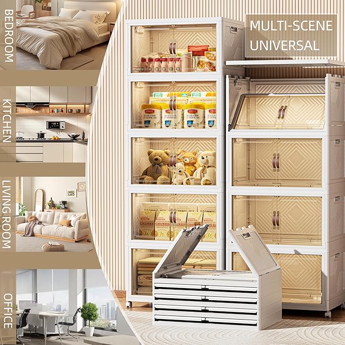 520 QT / 130 Gal Stackable Collapsible Storage Bins with Magnetic Doors & Wheels - Space-Saving Plastic Organizer Cabinet for Closet, Office, Home (White)-NeatNest