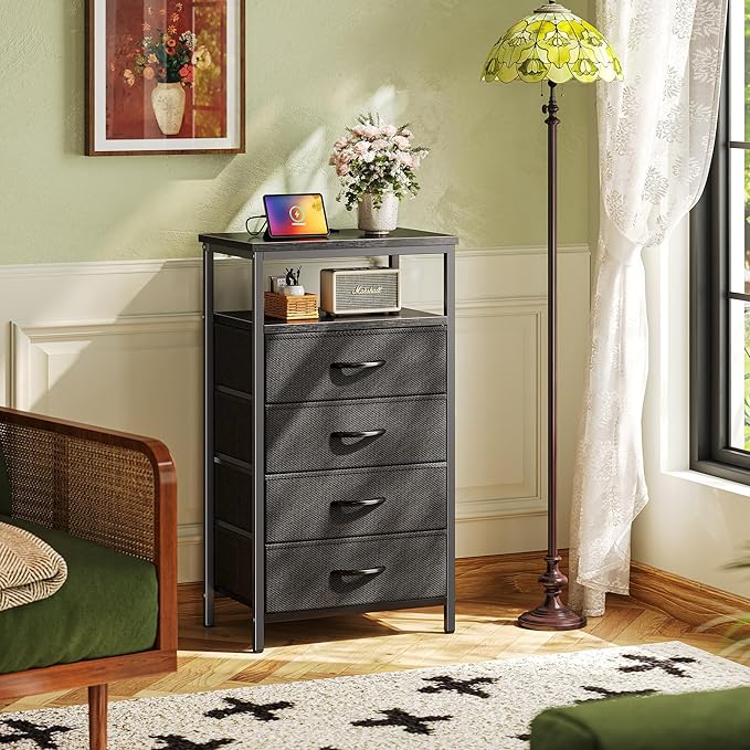 Huuger Night Stand with Charging Station, 4 Drawer Dresser for Bedroom, Bedside Table, 33.9 Inch Tall Nightstand with Open Shelf, End Table, for Closet, Entryway, Bedroom, Black 8055BC