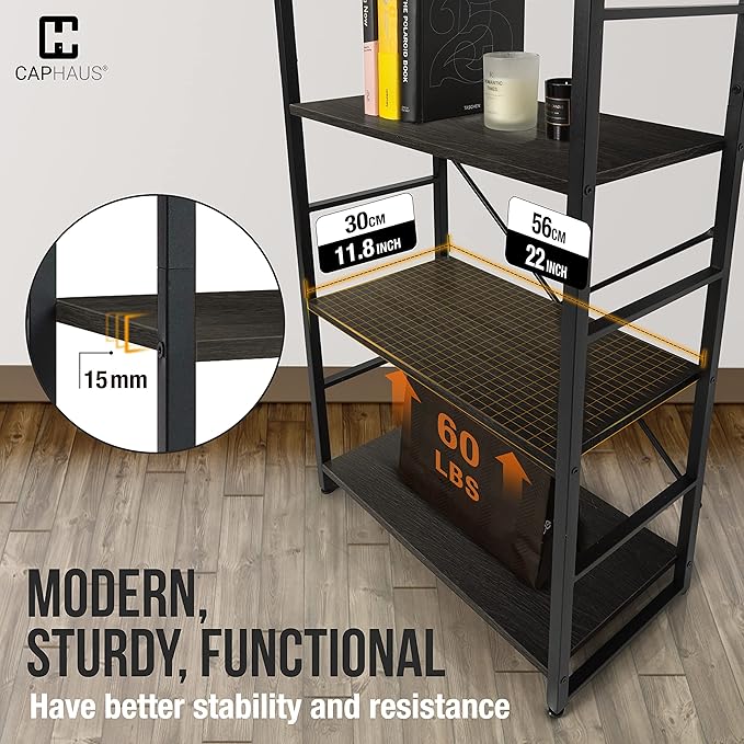 CAPHAUS 4 Tier Bookshelf, 24 Inch Width Free Standing Shelf, Bookcase Shelf Storage Organizer, Industrial Book Shelves for Home Office, Living Room, Kitchen, Black Vintage Shelves & Metal Frame-NeatNest