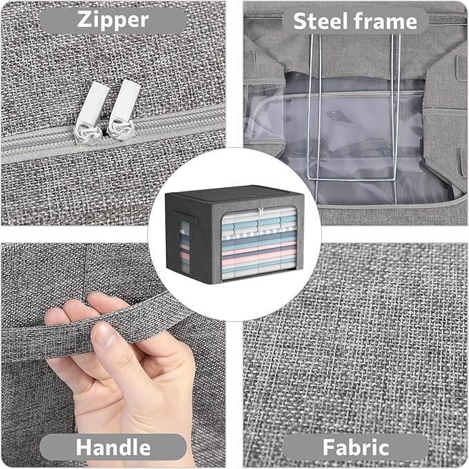 2 Pack Clear Window Storage Bins Foldable Fabric Storage Bins Boxes for Clothes Stackable Box Organizer Set with Carrying Handles (Gray,22L, 15.7x 11.8x 7.8 Inch)-NeatNest