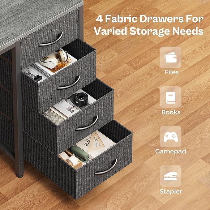 Huuger 55 inch Computer Desk with 4 Drawers, Gaming Desk with LED Lights & Power Outlets, Home Office Desk with Large Storage Space for Bedroom, Work from Home, Gray-NeatNest