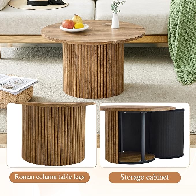 27.5" Modern Round Coffee Table with Storage, for Living Room, Circle Wood Accent Center Table for Apartment, Oak