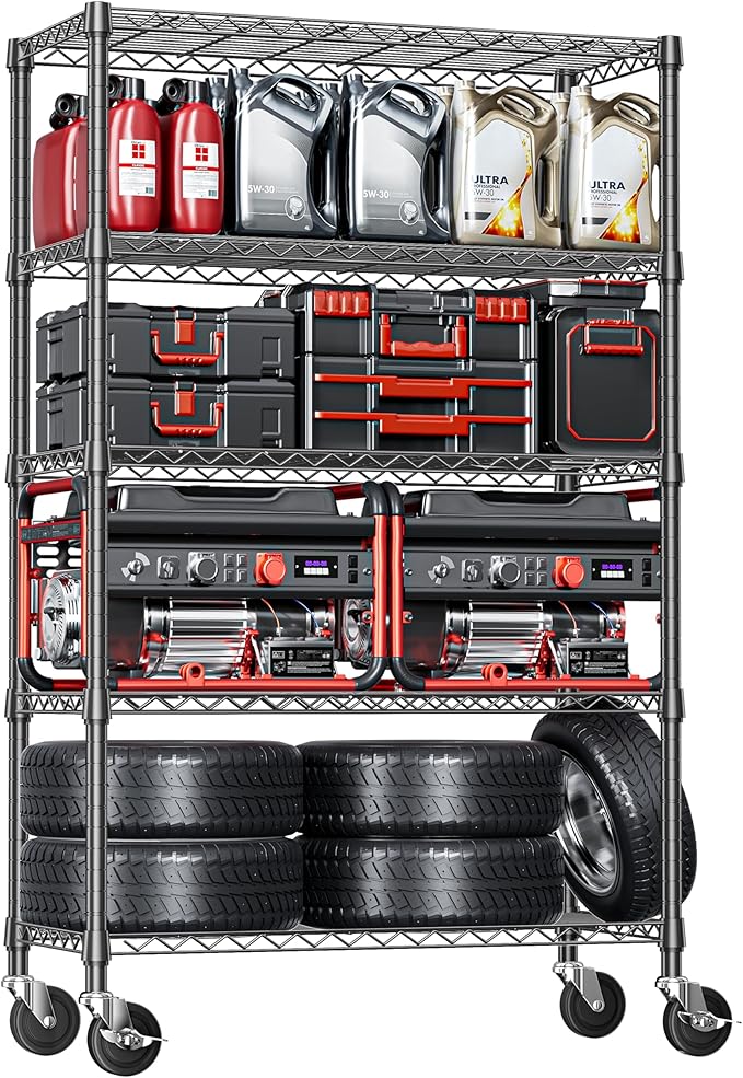 IZEUK 5-Tier Storage Shelving Unit with Wheels, Adjustable Heavy Duty Steel Wire Rack Organizer (Black, 17.7" D x 47.2" W x 76.7" H, 1750 lbs Capacity) for Garage, Kitchen, Office, Laundry, Basement-NeatNest