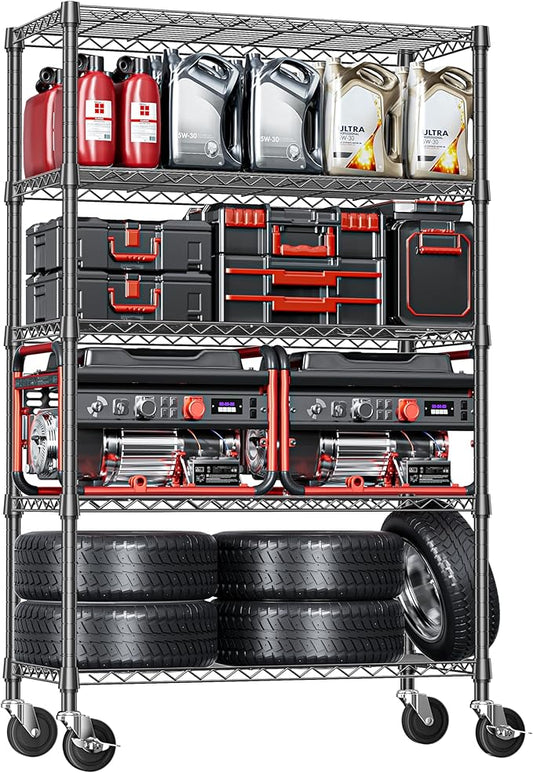 IZEUK 5-Tier Storage Shelving Unit with Wheels, Adjustable Heavy Duty Steel Wire Rack Organizer (Black, 17.7" D x 47.2" W x 76.7" H, 1750 lbs Capacity) for Garage, Kitchen, Office, Laundry, Basement-NeatNest