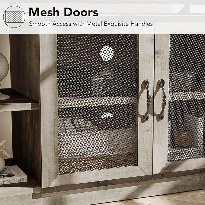 CABIHOME Farmhouse TV Stand for 75/80 inches TVs, Entertainment Center with Storage Cabinet and Mesh Doors, Industrial Media Console Cabinet Table, Living Room Media Furniture, Light Grey-NeatNest