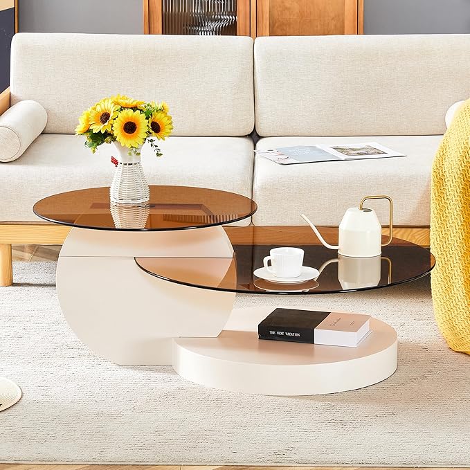 Glass Coffee Tables for Living Room Round Coffee Tables Modern Double Layer Round Table Circle Coffee Table for Small Space Home Office (42 Inch Amber Yellow Glass)