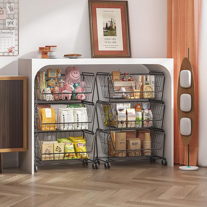 PUSDON Stackable Metal Storage Carts, Dual Use Shelf for Kitchen Fruit Vegetable Baskets with Wheels, Storage Rack for Living Room, Home & Office, Standard Black 6 Tiers