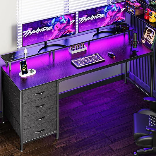 Huuger 63 Inch Computer Desk with Power Outlets and LED Lights, Gaming Desk with 4 Drawers, Office Desk with Monitor Stand, Study Desk Work Desk for Home Office, Black-NeatNest