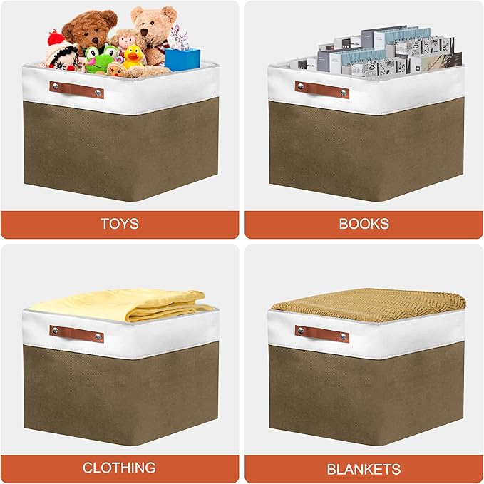 11in Open Fabric Storage Basket with Leather Handles for Organizing, Collapsible Linen Closet Bins for Shelves, Closets, Laundry, Decorative Basket for Gifts. (White＆Brown, 3PCS/11x11in)-NeatNest
