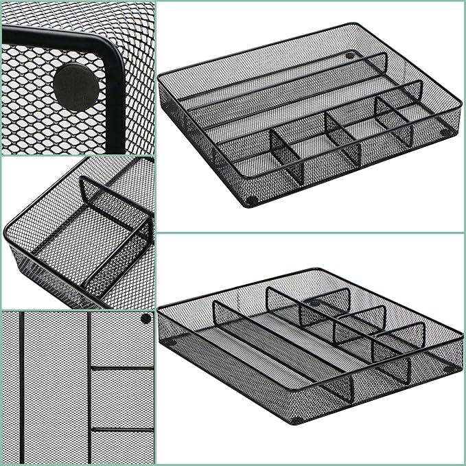 Annova Desk Top Organizer Tray for Office Organization - Metal Mesh - Storage Tray with Dividers for Pens, Desktop Accessories, Bathroom, Kitchen, Makeup and Office Supplies (Large, Black)-NeatNest