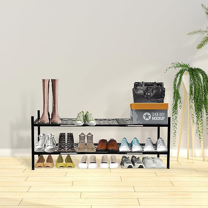 Shoe Rack for Closet, Expandable Shoe Organizer Metal Shelf Stand, 2 Tier Stackable Long Shoe Stand Holder for Floor, Entryway, Garage, Bedroom, Door Entrance for 12-18 Pairs, 45.6in Black-NeatNest