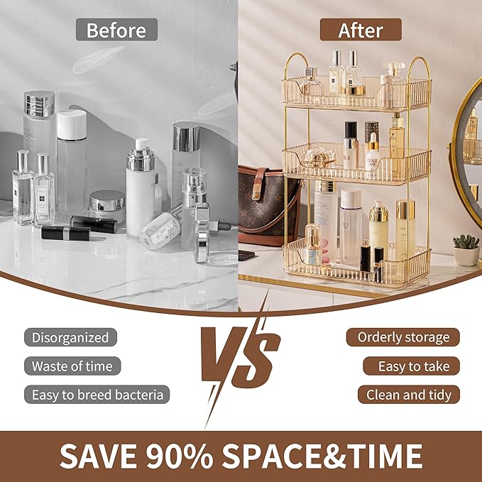 3 Tier Bathroom Organizer Countertop Makeup Perfume Tray Skincare Organizer for Bathroom Dresser Vanity (Gold)-NeatNest