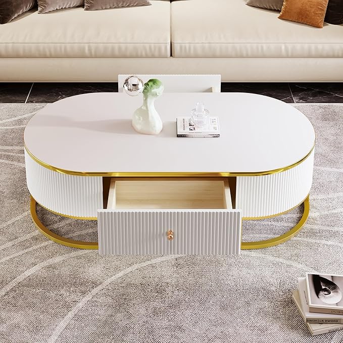 47.2" Modern Oval Coffee Table with Drawers, Curved Profile Design, Gold Metal Decor End Tables Sofa Table for Living Room Office Bedroom Balcony, White & Gold
