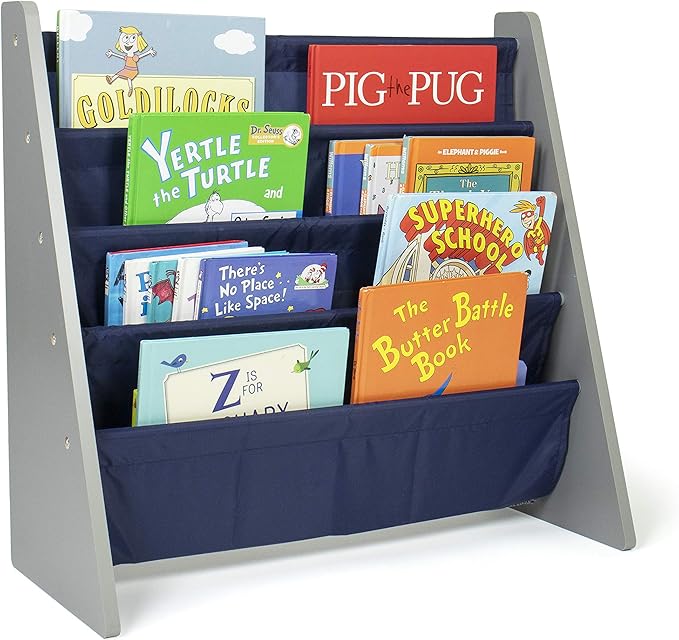 Humble Crew 4-Tier Kids Bookshelf, Grey Wood/Navy - Premium Book Shelf for Kids Rooms with Four Deep Pockets - Toddler Sling Book Rack with Deep Sleeves, Nursery Bookcase Organizer