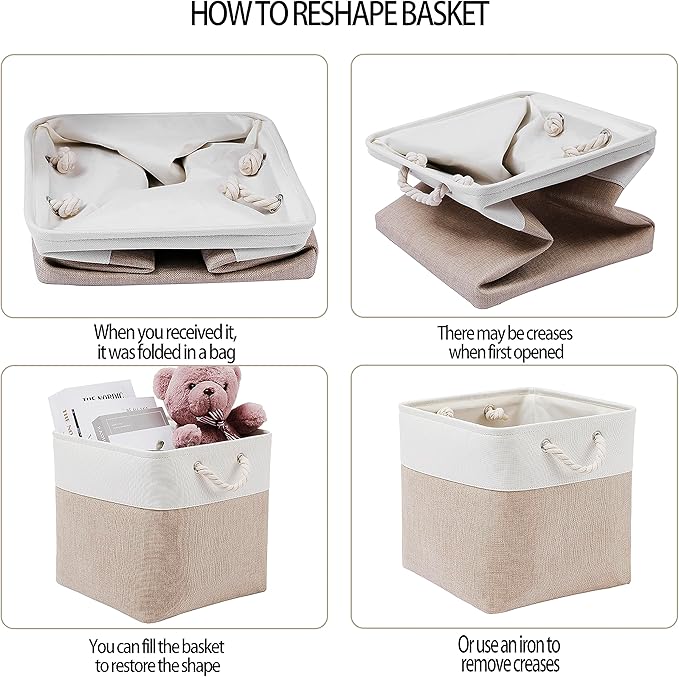 13 x 13 Inch Cube Storage Bins, 4 Pack Large Collapsible Fabric Storage Bin with Ropes, Foldable Storage Cubes for Home, Office,Closet, Clothes, Toys Organizer (White & Beige)