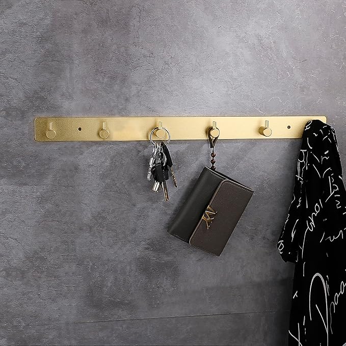 Gold Wall Hooks, Brushed Gold Bathroom Hook Rail, Self Adhesive 6 Hooks Key Hook Rack Hanger Towel Robe Stick Hooks for Toilet Entryway Hallway Kitchen Wall Mounted