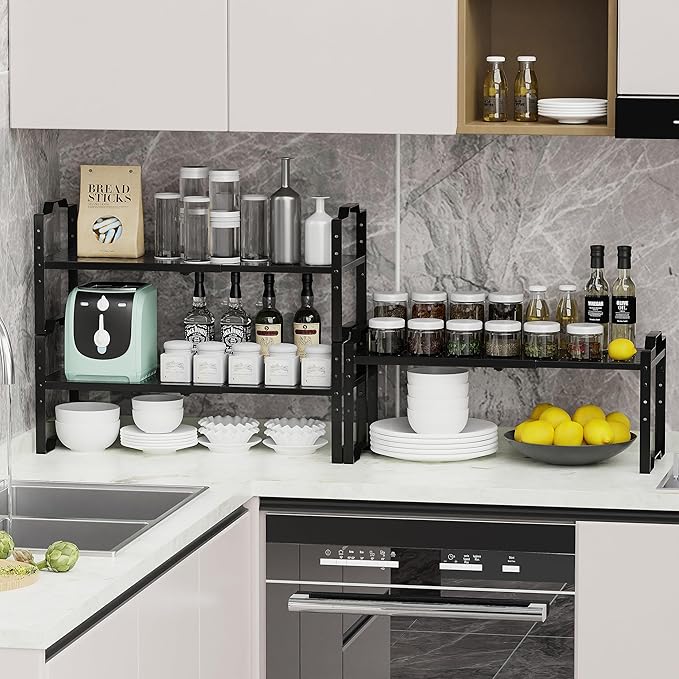 Expandable Shelf for Cabinet Organizer Adjustable Stackable Spice Rack at Kitchen and Bathroom More, Counter Countertop Cupboard Organization Pantry Storage(3 Packs/Black, Medium)-NeatNest