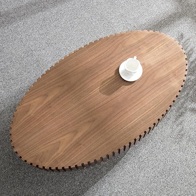 Kevinplus Walnut Oval Coffee Table - Modern Wood Coffee Table for Living Room, Contemporary Circle Fluted Drum Design, Easy Assembly (43.7'' x 24.8'' x 13.38'')