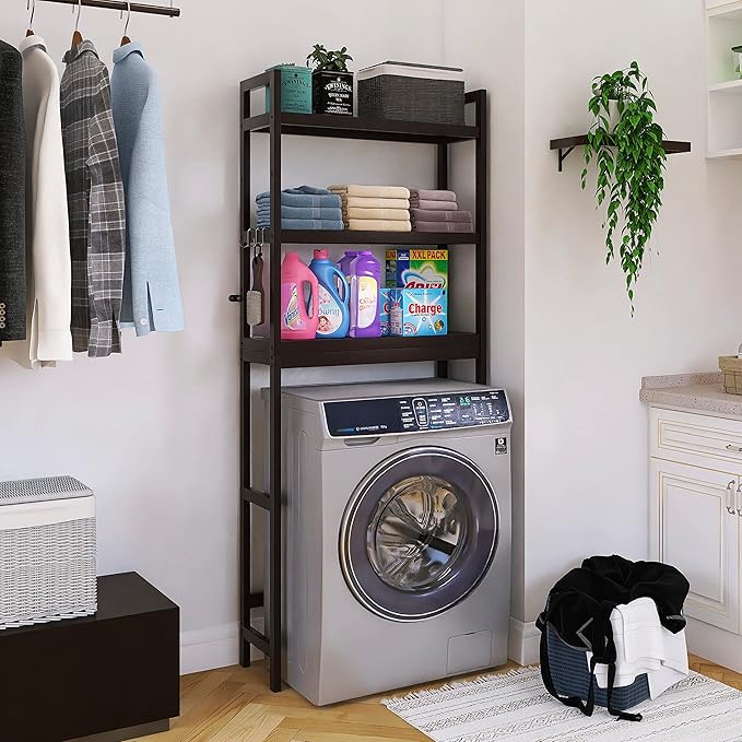 SMIBUY Bathroom Storage Shelf, Bamboo Over-The-Toilet Organizer Rack, Freestanding Toilet Space Saver with 3-Tier Adjustable Shelves (Dark Brown)